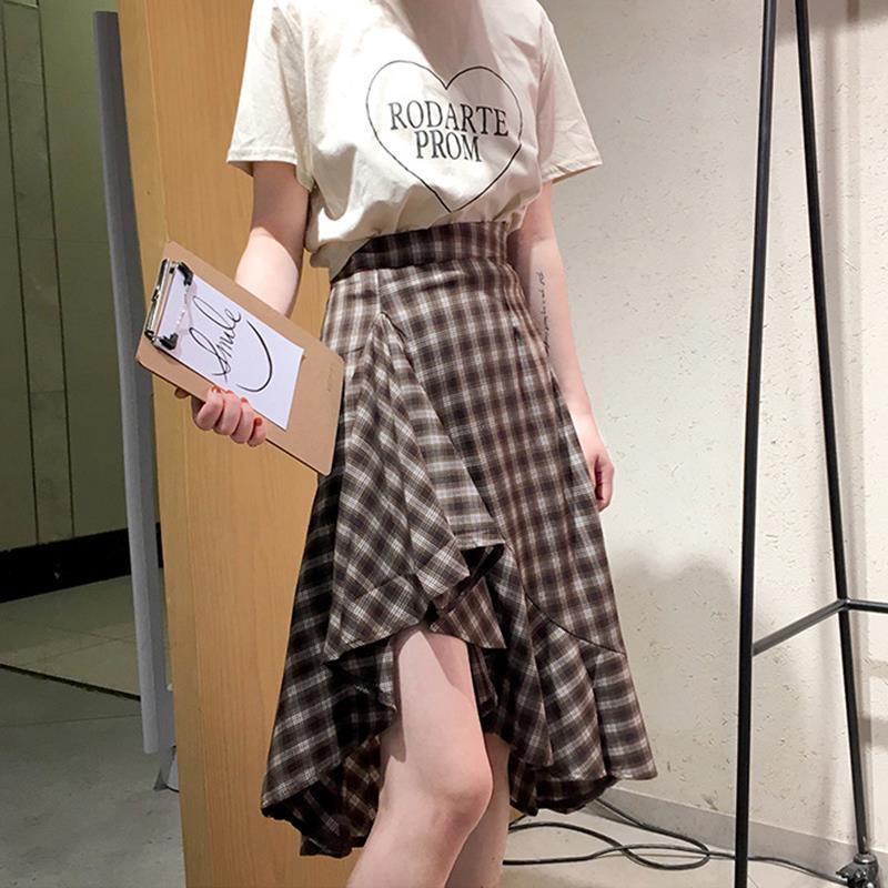 

Skirts 2021 Design Spring Women Skirt Irregular High Waist Plaid Retro Harajuku Student Sweet Girl, Coffee skirt