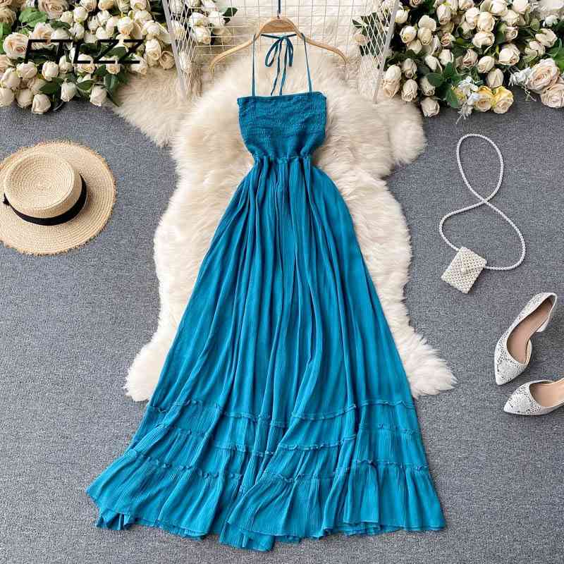 

Women Beach Maxi Dress Summer Sexy Backless Lace-up Bandage Long Dresses Woman Elegant Retro Party Robe Vestidos 210602, Blue