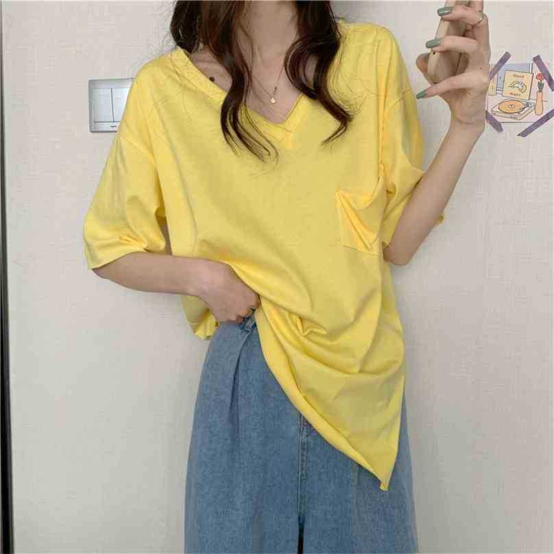 

Summer Oversize V-Neck Brief Short-Sleeved Basewear Chic Loose Tops Casual Prom Tee Retro T-shirts 210525, Pink