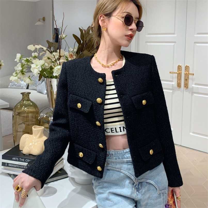 

Small Fragrance Women Black Tweed Outerwear Autumn Winter Golden Button Blends Wool Female Long Sleeve Jacket Coat 211109, White