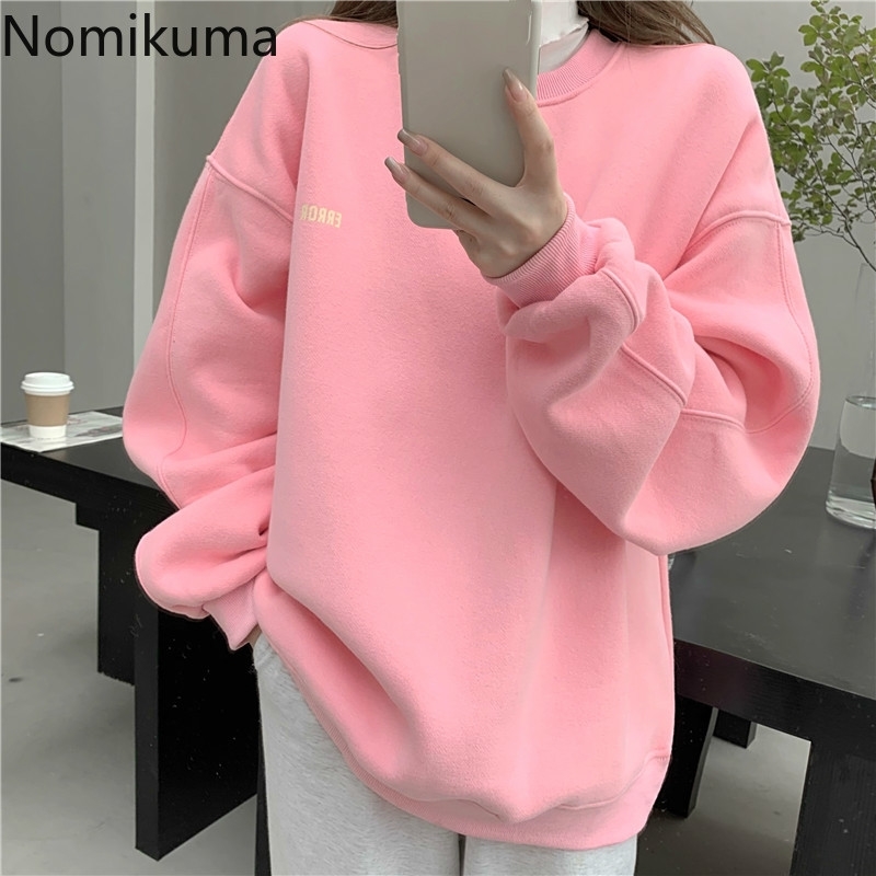 Nomikuma Fleece Thicken Women Sweatshirt Autumn Winter Causal Top Jumper New Korean Long Sleeve O-neck Hoodies 6D720 210427