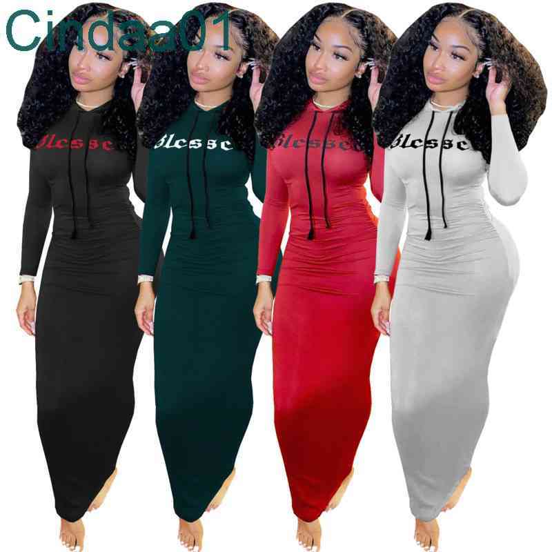 

Designer Women Casual Dresses Hoodies Drawstring Maxi Dress Long Sleeves New Leisure Letter Printed Solid Color Pleated Skirt 4 Colours, Gray