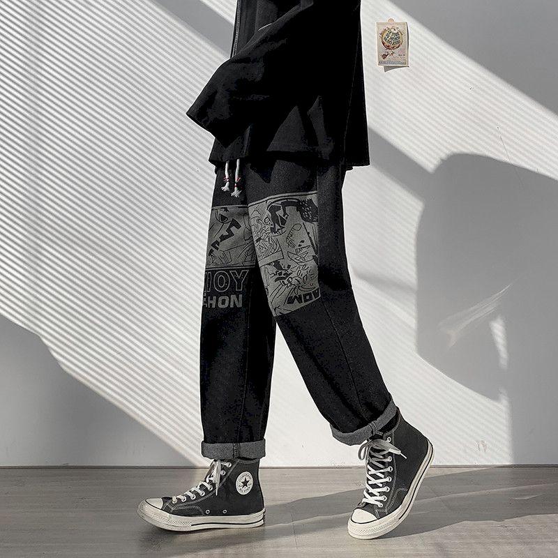 

Men's Jeans Hip-hop Men Black High-waisted Pants Autumn Winter Anime Japanese Casual Wide-leg Trousers Straight Loose Male Bottoms, Blue