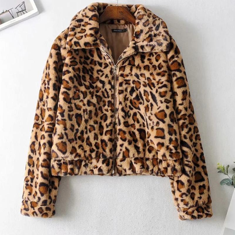 

Women' Fur & Faux JAYCOSIN Thicken Leopard Women Jacket Short Coat Slim Casual Zipper Turn-Down Collar Plush Jackets Female 2021, Brown