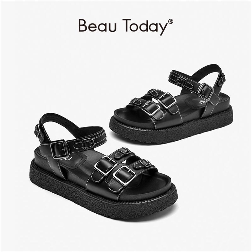 

BeauToday Chunky Sandals Women Cow Leather Platform Flats Ankle Buckle Straps Ladies Summer Beach Casual Shoes Handmade 38153 210521, Black