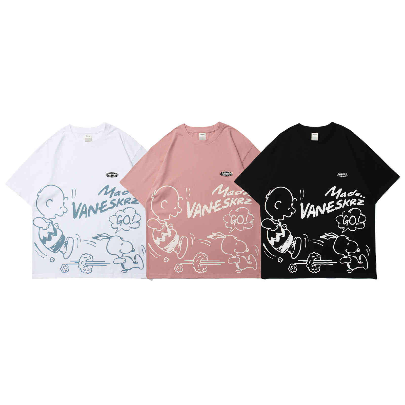 

Justfly2021 summer new hip hop street style cartoon Snoopy printing fashion brand couple loose short sleeves, White