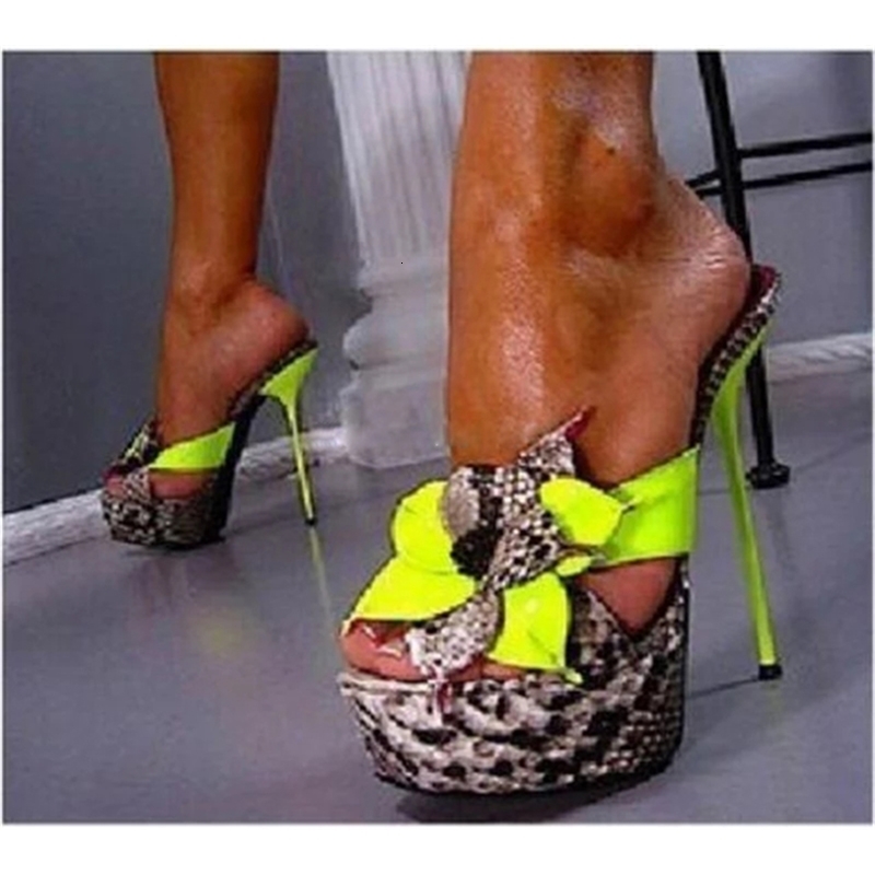 

Sandals Summer 14.5 in high heels snake printing female neon yellow slippers mixed flower sandals peep toes flip flops platform VFVP, 1# shoe box