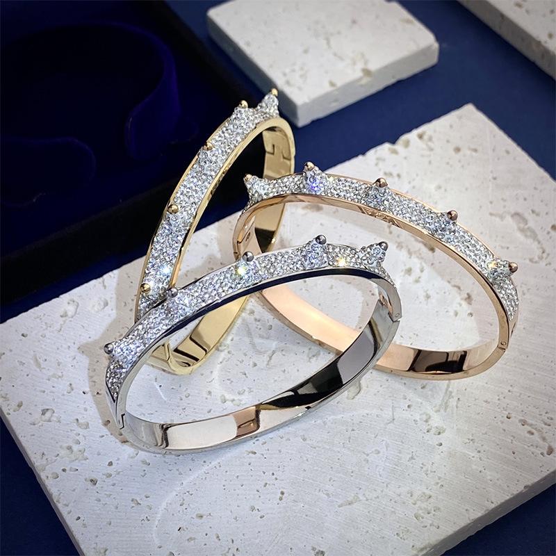 Bangle Titanium Steel White Ceramic Cubic Zirconia Rivet Cuff For Women Prom Party Wedding Jewelry Gold Plated