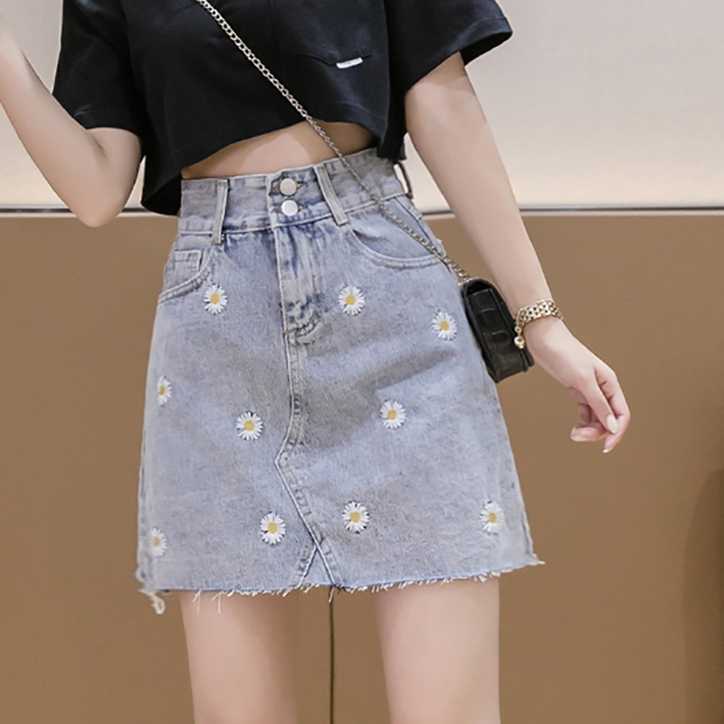

Casual Dresses Falda Mujer Embroidery Floral Denim Skirt Women Pockets Zipper Womens Skirts New Summer A-Line Woman Clothes Jupe Femme VK3R, White
