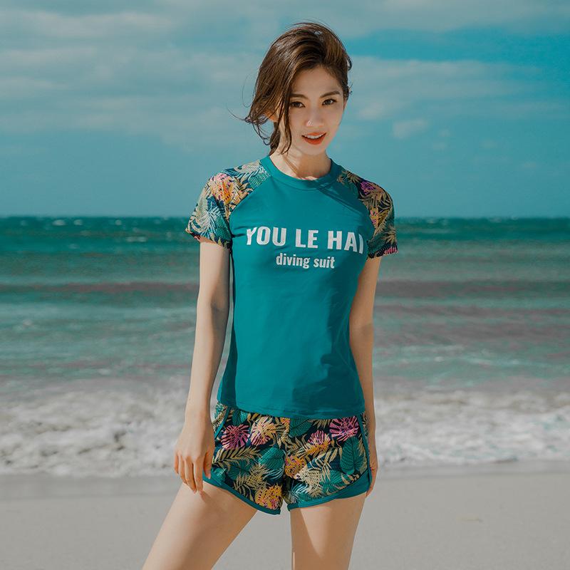 

Summer Women Swimsuit Short Sleeve Surfing Diving Suit Conservative High Waist Boxer Two Piece Set Bathing Beach Wear One-Piece Suits