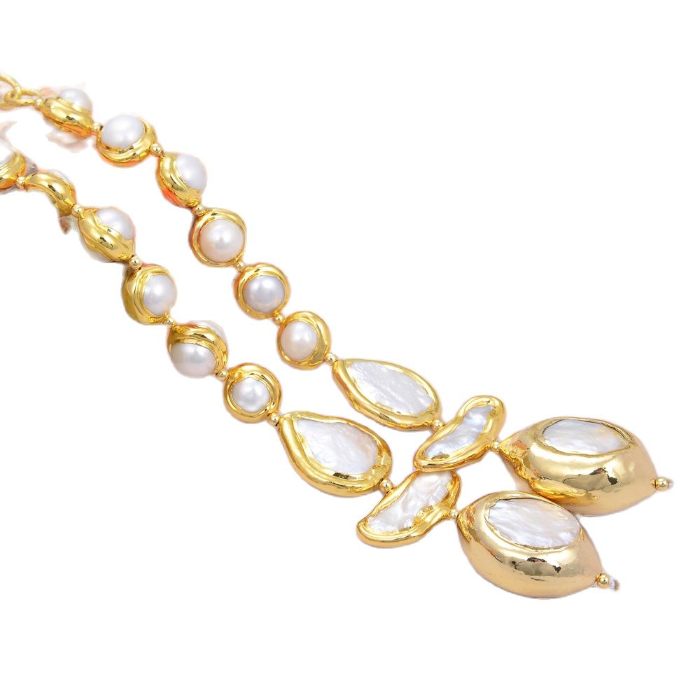 

GuaiGuai Jewelry Bezel Set White Keshi Biwa Pearl Chain Long Necklace 52'' Sweater Chain Necklace Handmade For Women Real Gems Stone Lady Fashion Jewellery