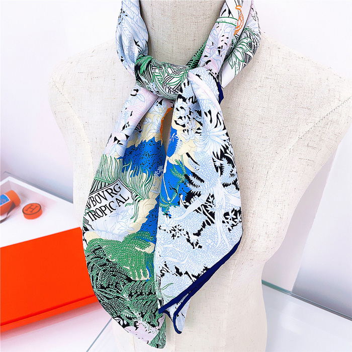

Luxury Brand Design Square Scarves Fashion Floral Scarf Shawls Wrap Hijab 90*90cm Large Pashmina Headscarf Bandana Hand Rolled Winter Muffler, Blue;gray