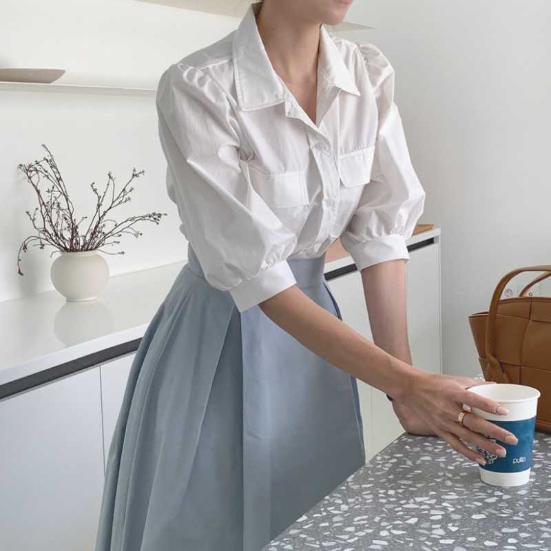 

Fashion 2 Piece Set Summer Women Elegant Office OL White Lapel Puff Sleeve Shirts Top + High Waist Big Swing Long Skirt 210526, Photo color