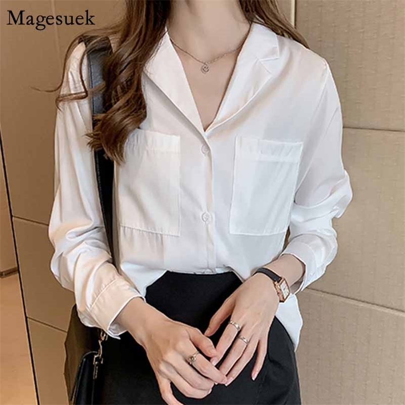 

Fashion Solid Loose Blouse Long Sleeve Shirts Blusas Plus Size Casual Women Tops Notched Office Lady Clothes 8875 210518, White