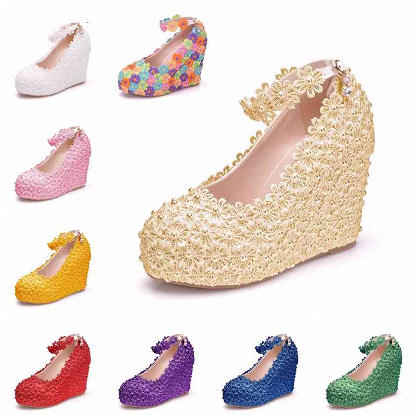 

dress shoes flower wedding multicolour lace pearl high heels sweet bride beading wedges women pumps zl4f, Black