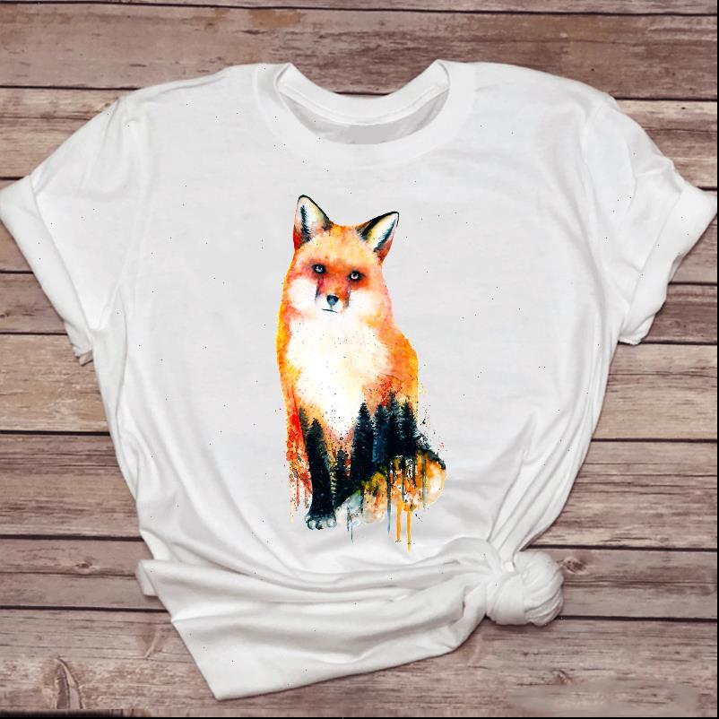 

women womens t shirts fox animal watercolor printing kawaii 90s graphic ladies print lady shirt female tee, White