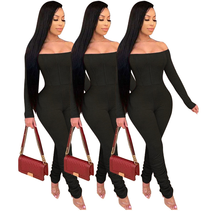 

Women Patchwork Bodycon Jumpsuit Off Shoulder Long Sleeve Stacked Activewear Sexy Club Skinny Rompers Overalls 210517, Black