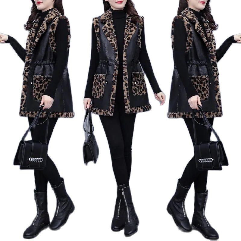 

Women's Vests Winter High-End Plus Fleece Vest Fashion Leopard Pattern Skin Hair One Body Mid-Length Ladies Jacket Loose Warm, Black;white