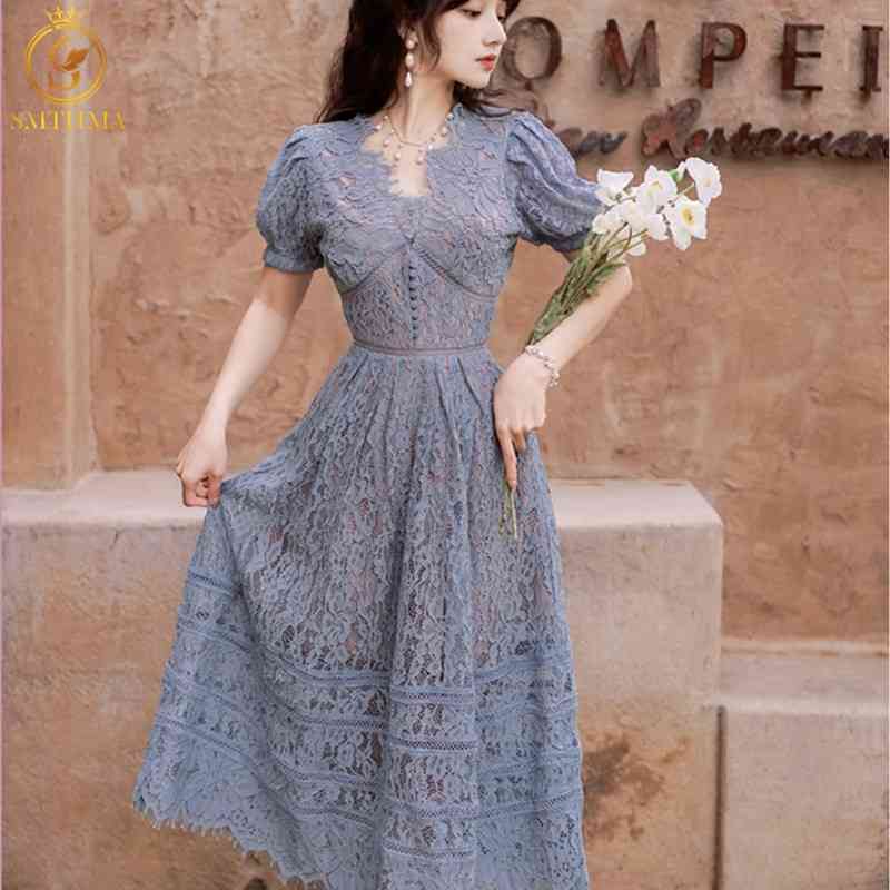 

Arrival Retro Style Blue Puff Sleeve Lace Dress Women's Single Breasted Sexy V-Neck Summer Dresses 210520, Picture color