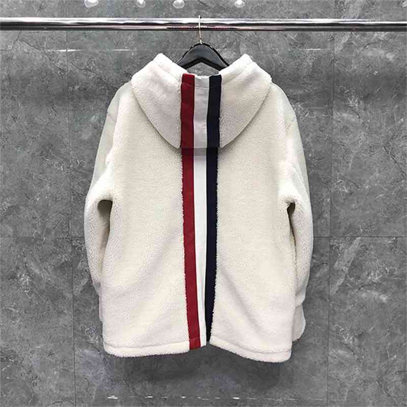 

downs Fashion TB THOM Brand Jacket Men Zipper Cardigans Clothing Thick Winter Hooded Striped Loose Fur One Casual Coat, Black