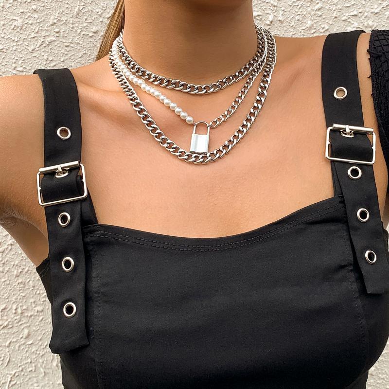 

Chokers Lacteo 3Pc/Set Neo Gothic Silver Color Lock Pendant Necklace For Women Men Hip Hop Imitation Pearl Chain Choker Jewelry