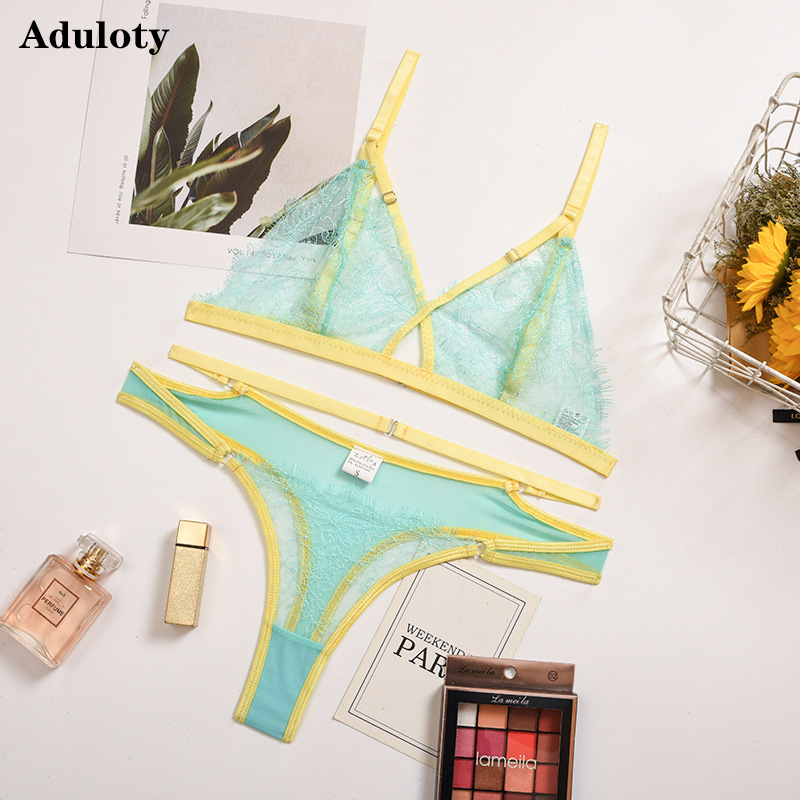 

Aduloty New sexy womens thin mesh see-through lace underwear set comfortable wire free bra set erotic lingerie thong set, Red