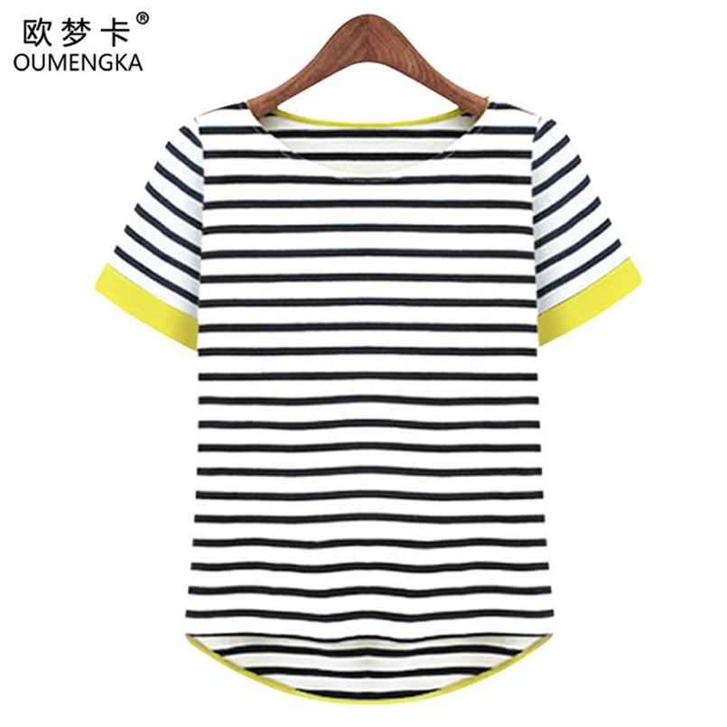 

OUMENGKA Women Tops O-Neck T-Shirt Short Sleeve Striped T Shirts Tees Blusas Femininas M- XXXXL Plus Size 210708, Thick black