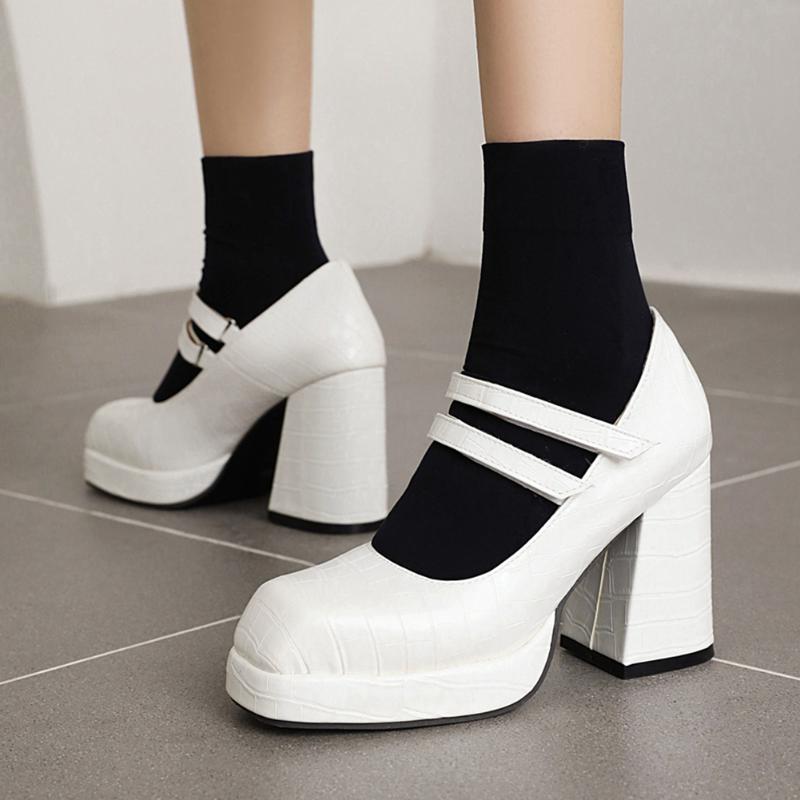 

Dress Shoes 2021 For Dropship Women's Platform White Black Block High Heels Sweet Elegant Office Ladies Mary Janes Footwear
