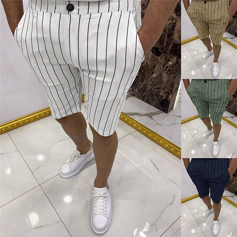Men's Casual Chinos Drawstring Elastic Waist Knee Length Pants Casual Daily Micro-elastic Stripe Cotton Blend Breathable Lightweight Mid Waist