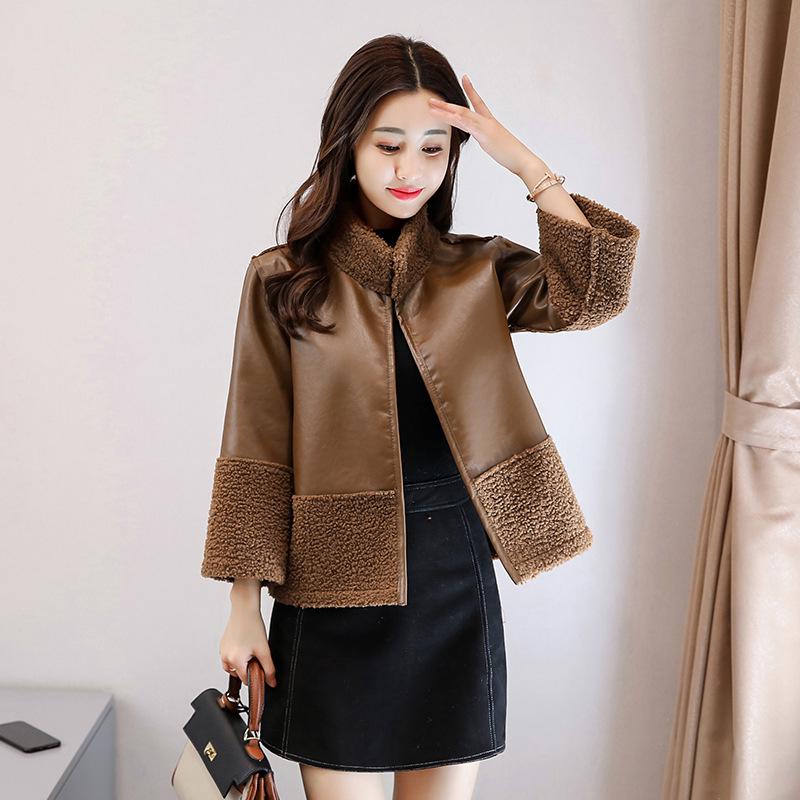 

Women's Leather & Faux 2021 Autumn And Winter Warm Jacket Two Fur Coat Long-sleeved PU Lambskin Short Paragraph Woman B0408, Black