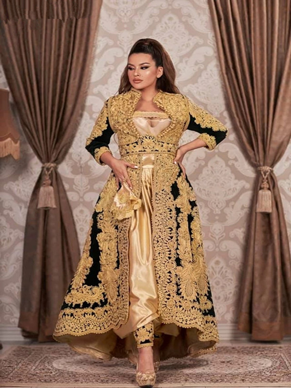 

2021Gothic Traditional Kosovo Albanian Caftan Black Evening Dresses Long Sleeves Gold Applique Plus Size Prom Dress For Arabic Women Vestido De Novia, Blue