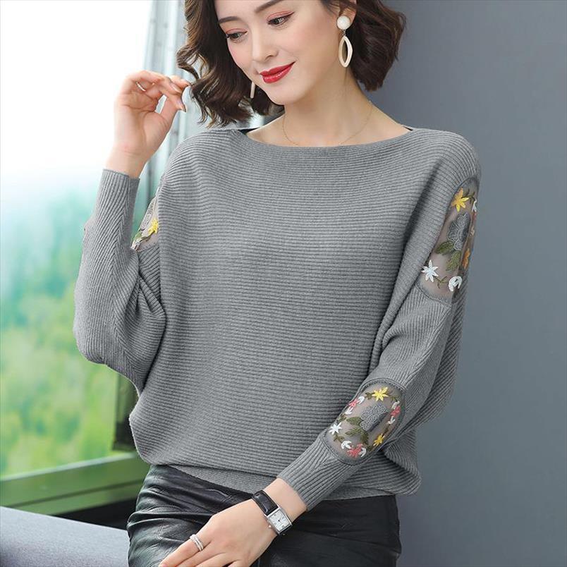 

flower embroidery batwing sleeve women sweater o neck spring casual loose knitted pullovers large size knitwear female, White;black