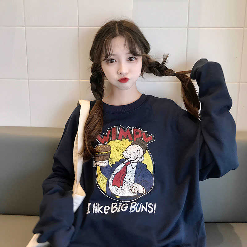 

Hoodies Sweatshirts Autumn Cartoon Print Harajuku Cute Long Sleeve O-neck Large Size Loose Female Vintage Sweatshirt 210608