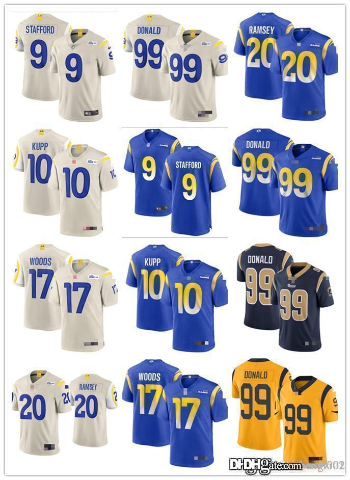 

Mens Womens Youth 10 Cooper Kupp 99 Aaron Donald 20 Jalen Ramsey 9 Matthew Stafford 17 Robert Woods White blue beige Football Jerseys, Black;red