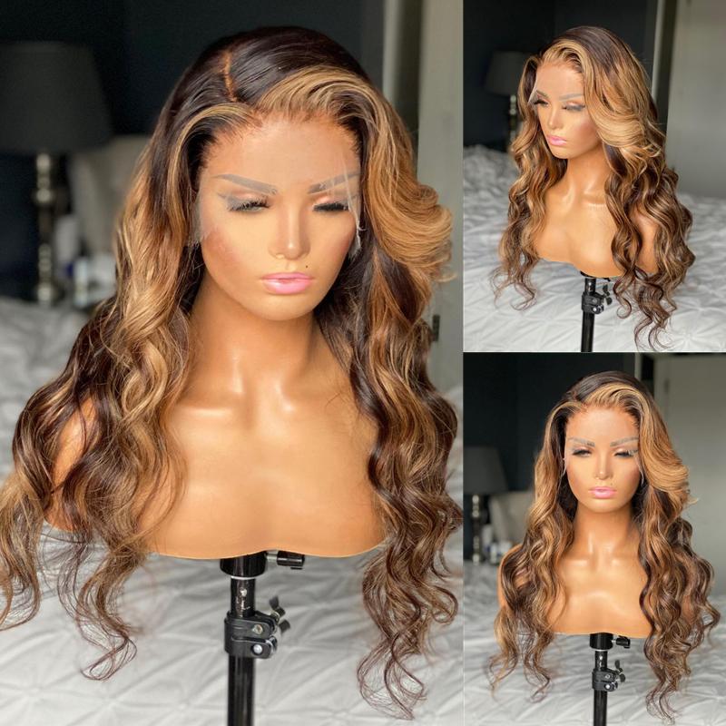 

Lace Wigs Highlight Honey Blonde 13X4 Front Human Hair With Baby #27 Colored For Women, Black;brown