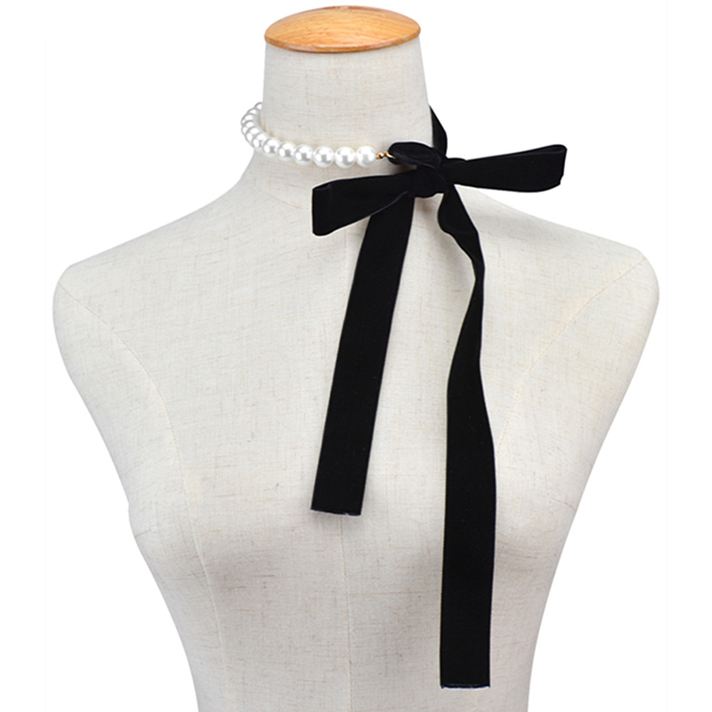 Punk Long Wide Black Velvet Ribbon Choker Bow Tie Simulated Pearl Beads Charm Collar Necklace Gothic Jewelry Gifts Goth J0312-image-668056001