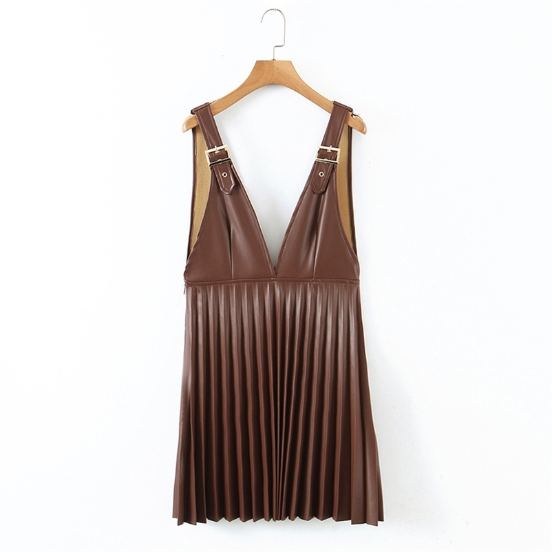 

Fashion Women PU leather Strap Dress V-neck sleeveless A-line pleated Holiday Casual Slim vestidos 210524, Chocolate