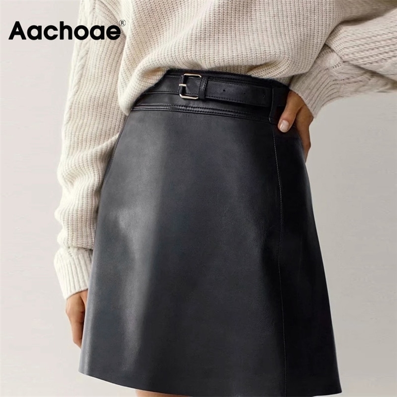 

Aachoae Chic Women Black PU Faux Leather Skirt With Belt High Waist Ladies Mini Female A Line Fashion s 210629