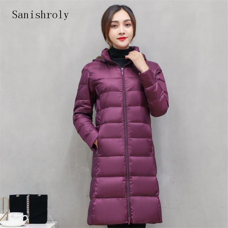 

Women's Down & Parkas Sanishroly Women Midi Long Hooded Outerwear White Duck Jacket Female Ultra Light Coat Parka Plus Size 4XL SE, Black