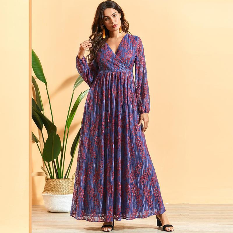 

Casual Dresses Siskakia High-end Lace Jacquard Purple Long Dress Bohemia V Neck Full Sleeve Empire Swing Elegant Maxi 2021, Purple dress