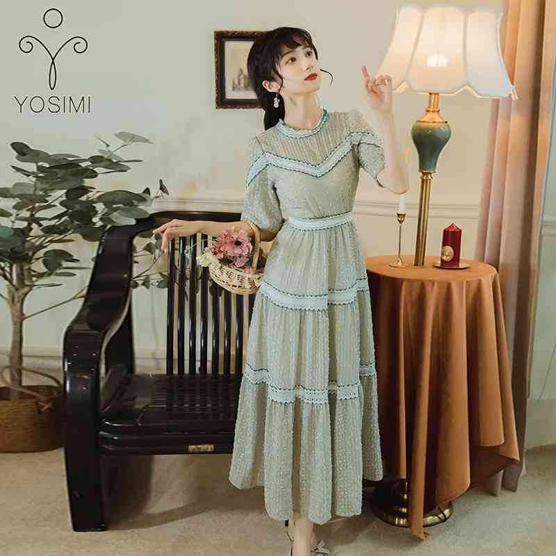 

YOSIMI Summer Vintage Blue Mesh Patchwork Lace Long Women Dress Short Sleeve Mid-Calf Fit and Flare Evening Party Dresses 210604, Light blue