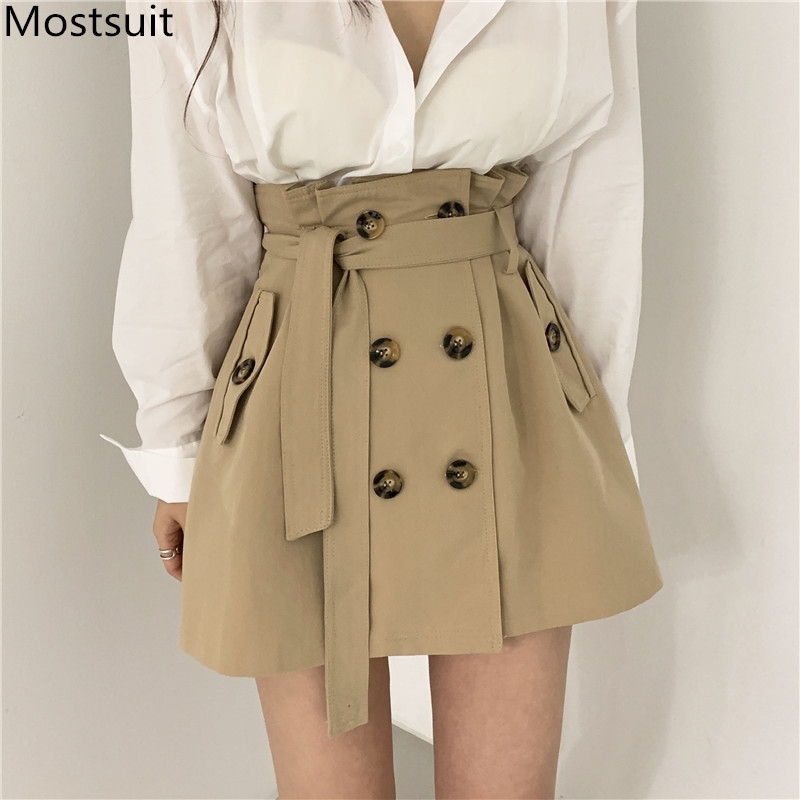 

Summer Korean Double-breasted Belted Mini Skirts Women Fashion Solid A-line High Waist Pockets Casual 210518, Khaki