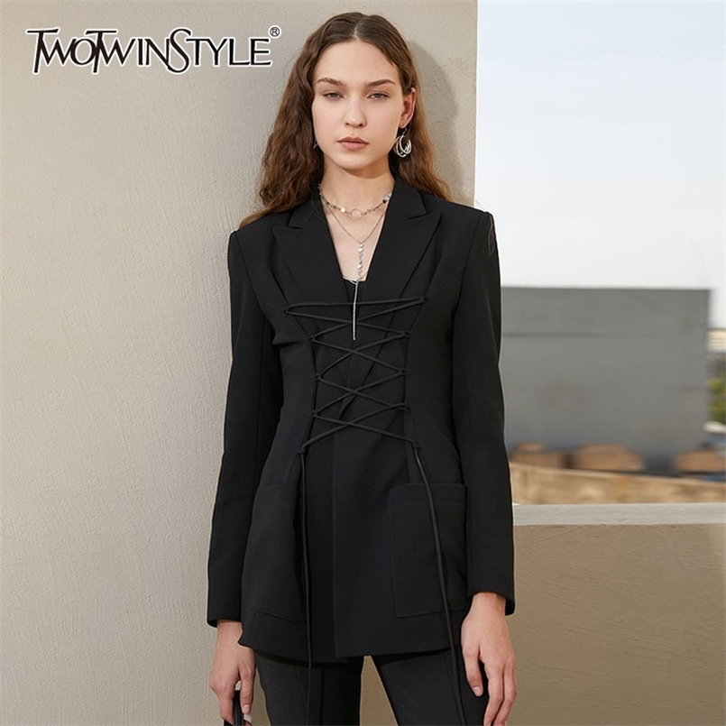 

Black Blazer For Women Lapel Long Sleeve Designer Bandage Solid Blazers Females Fashion Clothing Summer Style 210524