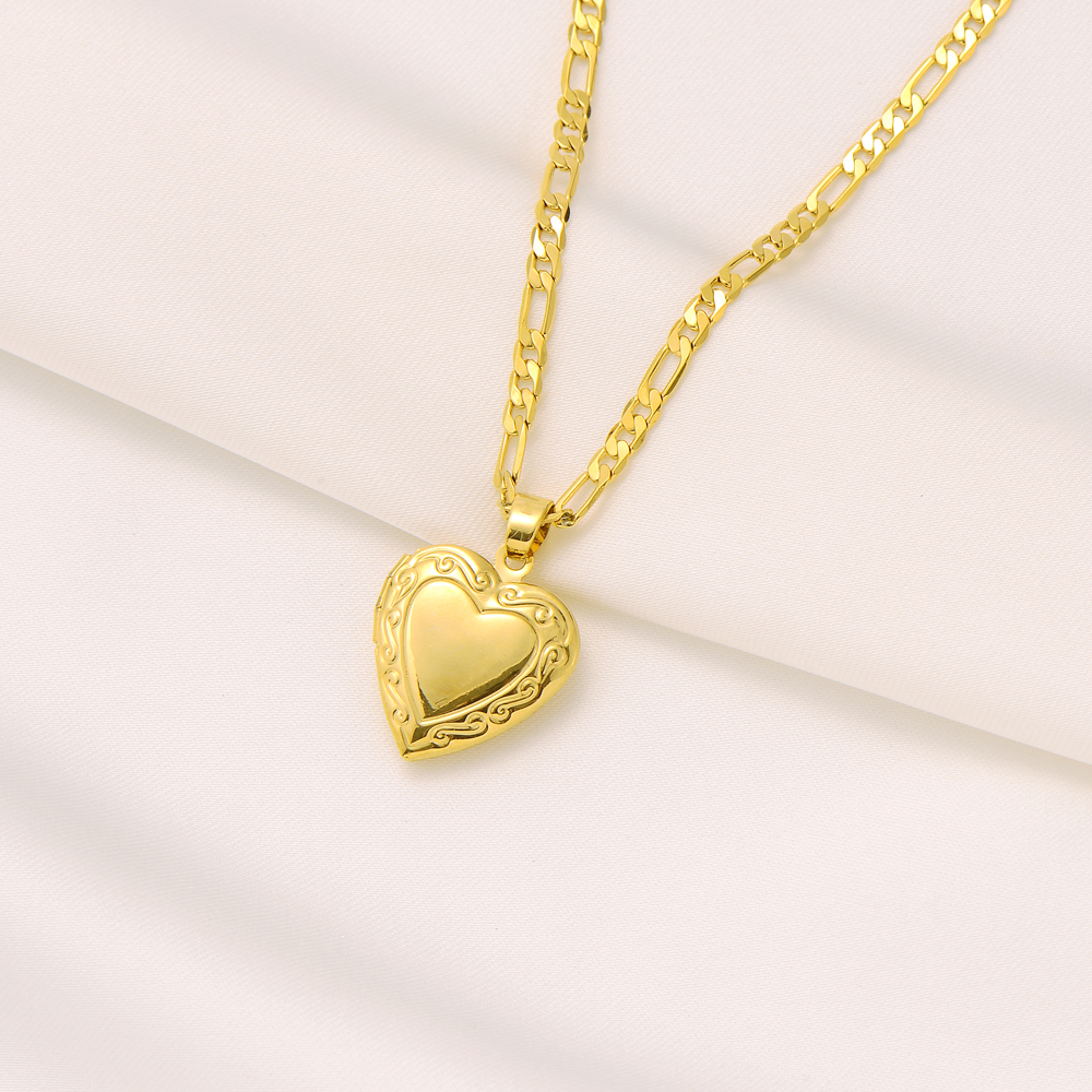 Collier chaîne à maillons Figaro italien avec pendentif cœur pour femme 24 pouces en or massif 18 carats GF 3 mm