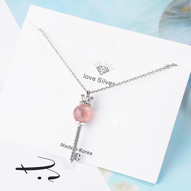 Pendant Necklaces Strawberry Crystal Crown Key Pendants Necklace For Women 2021 Trendy Korean Fashion Neck Jewelry Cute Sweater Chain-image-701556107