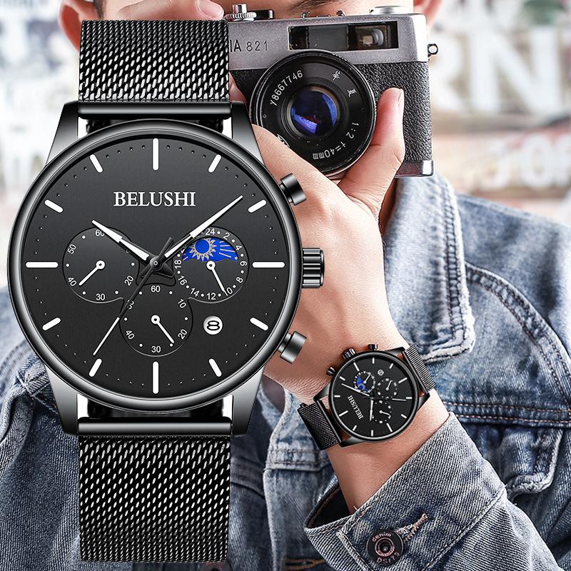 

Wristwatches BELUSHI Mens Watches Fashion Chronograph Steel Mesh Belt Casual Quartz Watch Men Waterproof Analog Sport Wristwatc, Mesh black white