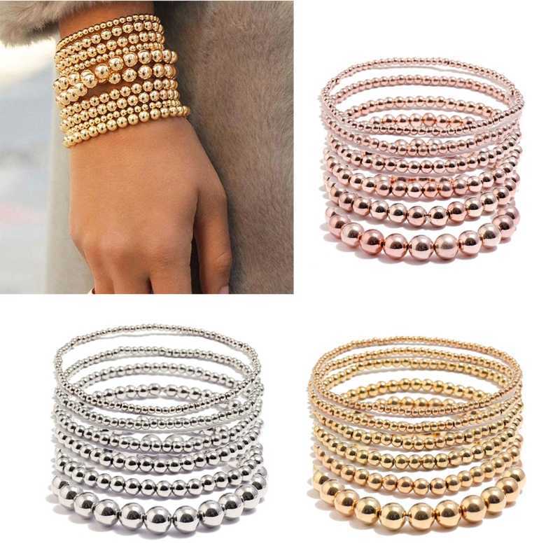 

6 Pcs Retro Simple Round Beads Bracelets Elastic Stretch Beaded Bangles for Women Girl Teen Jewery Gifts Q0719