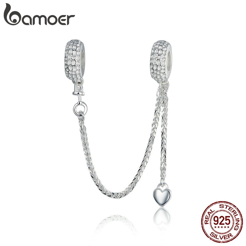 

BAMOER 925 Sterling Silver Love Heart Safety Chain Charms Stopper Pendant fit Women Bracelets DIY Jewelry SCC1112