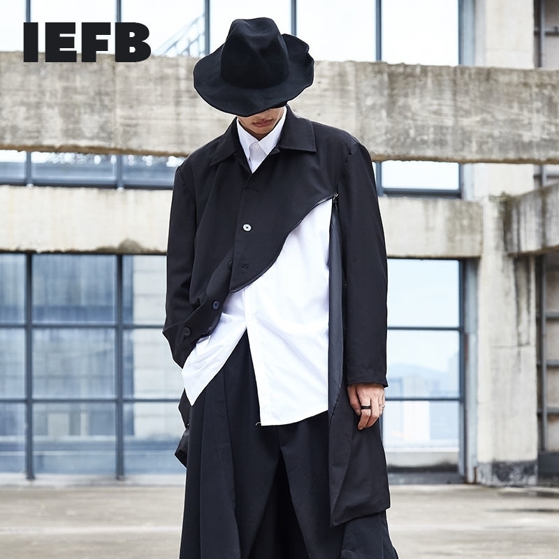 

IEFB /men's wear awry zipper Design single breasted medium length black trench for male loose big size long coat 9Y1598 210524