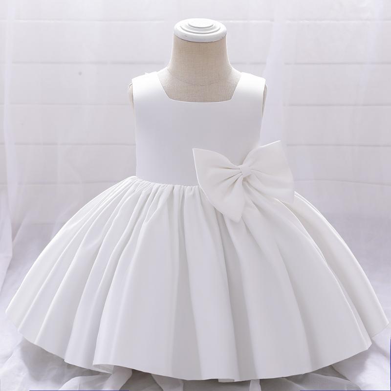 

Girl's Dresses Birthday Dress 3-24 Months Toddler Solid White Baby Girls Princess Wedding Party Flower Girs Fluffy Satin Bow